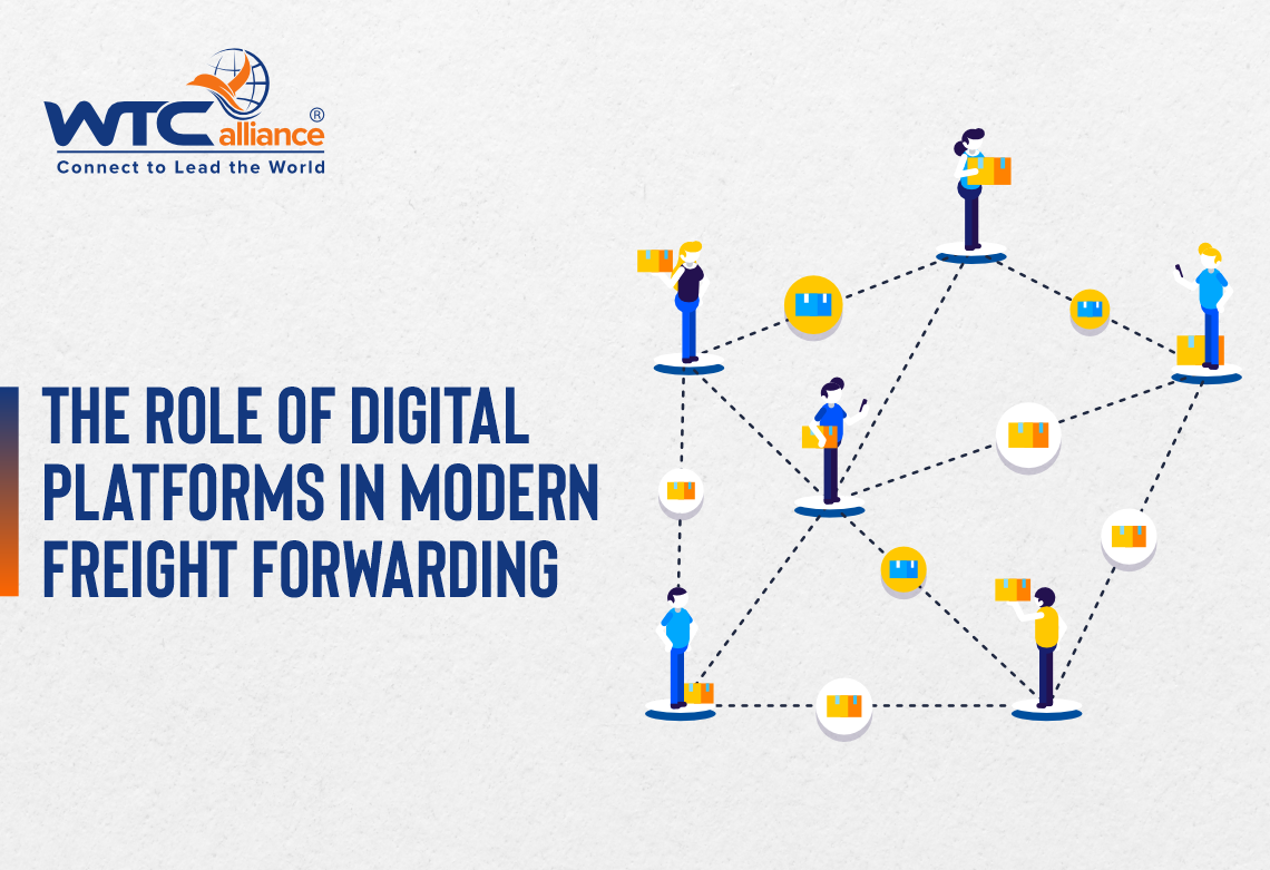 Cover image featuring the WTC Alliance logo and title "The Role of Digital Platforms in Modern Freight Forwarding," accompanied by an illustration of connected figures in a collaborative digital network with cargo icons.